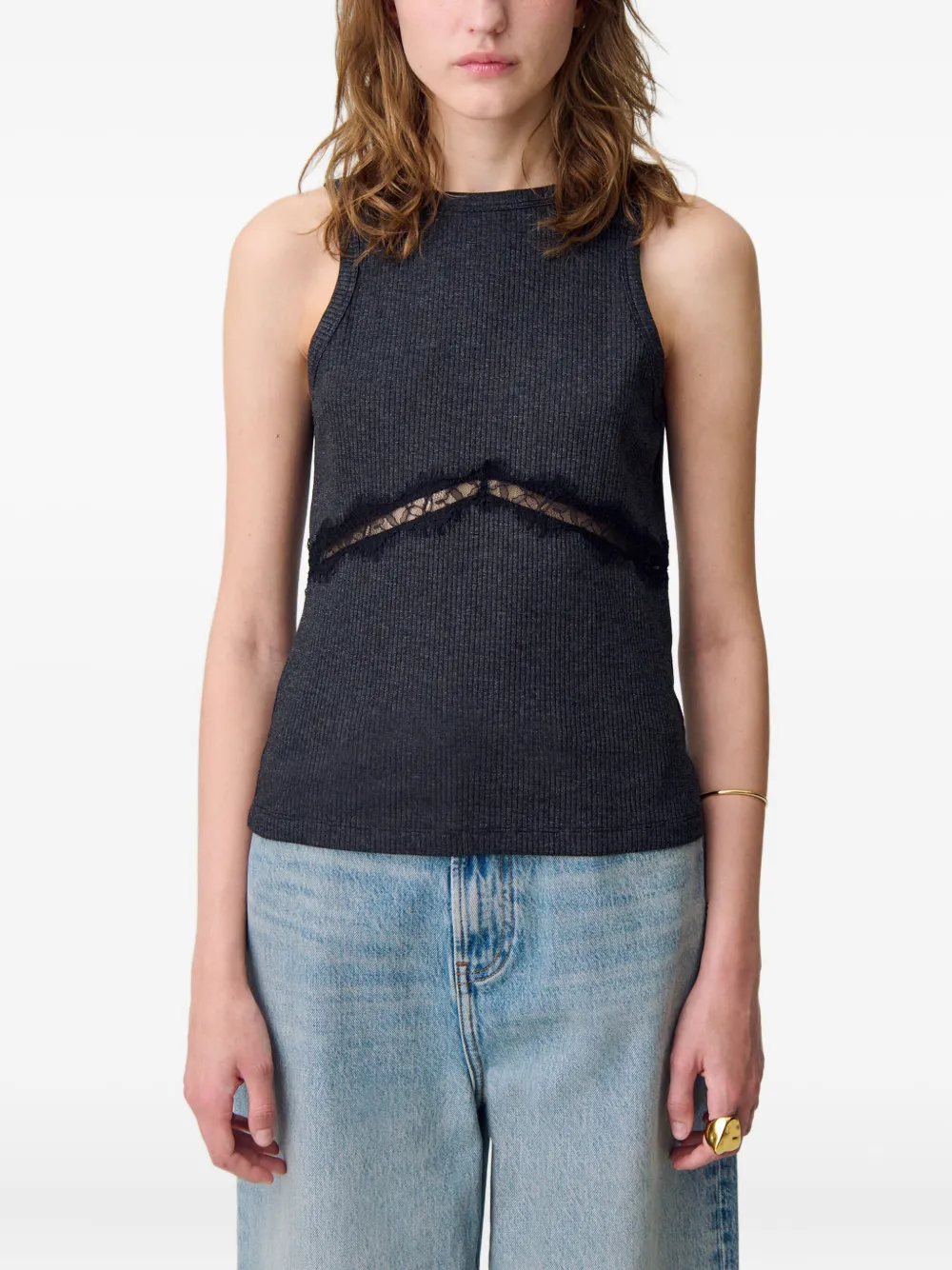 Claudie Pierlot Ribgebreide top met kanten vlakken Zwart