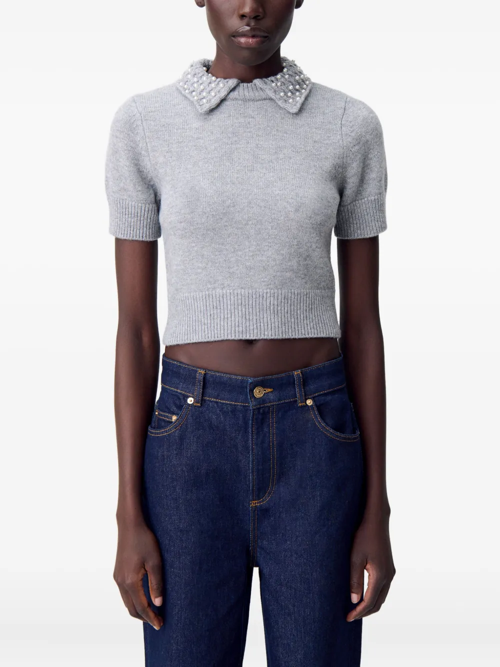 Claudie Pierlot Top met kraag verfraaid met parels Grijs