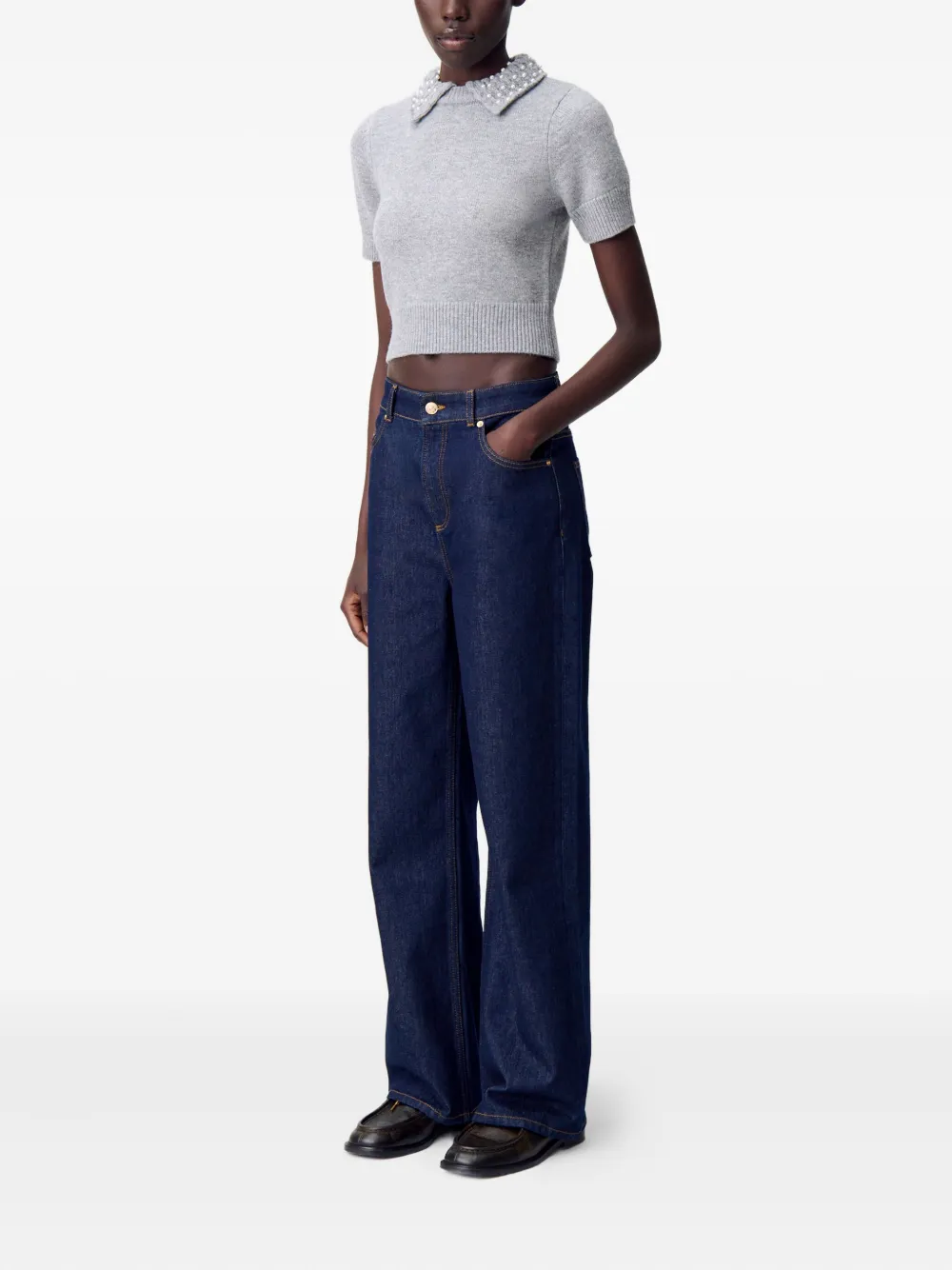 Claudie Pierlot Top met kraag verfraaid met parels Grijs