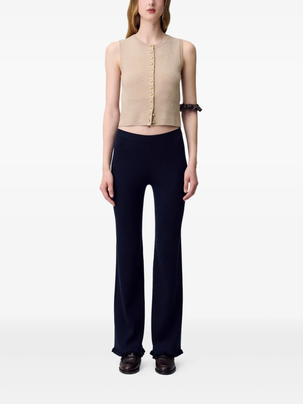 Claudie Pierlot Geribbelde broek met ruches - Blauw
