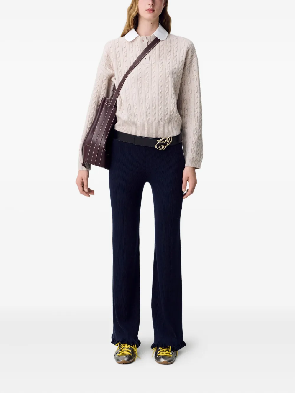 Claudie Pierlot Kabelgebreide polotop met kraag - Beige