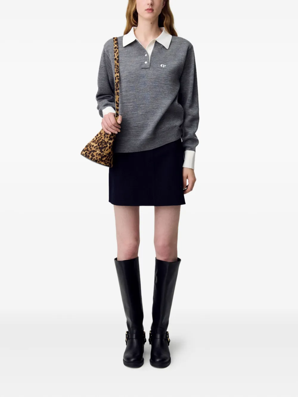 Claudie Pierlot Poloshirt met geborduurd logo en lange mouwen - Grijs