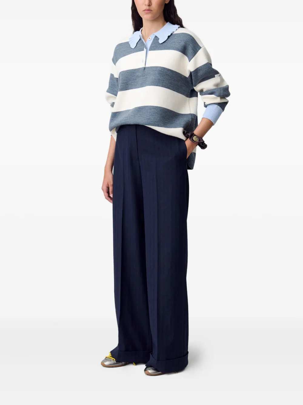 Claudie Pierlot Gestreepte polotop met ruchekraag Wit