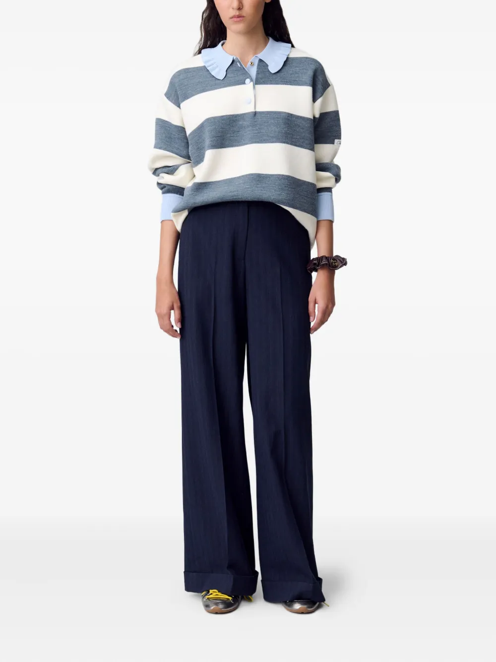 Claudie Pierlot Gestreepte polotop met ruchekraag - Wit