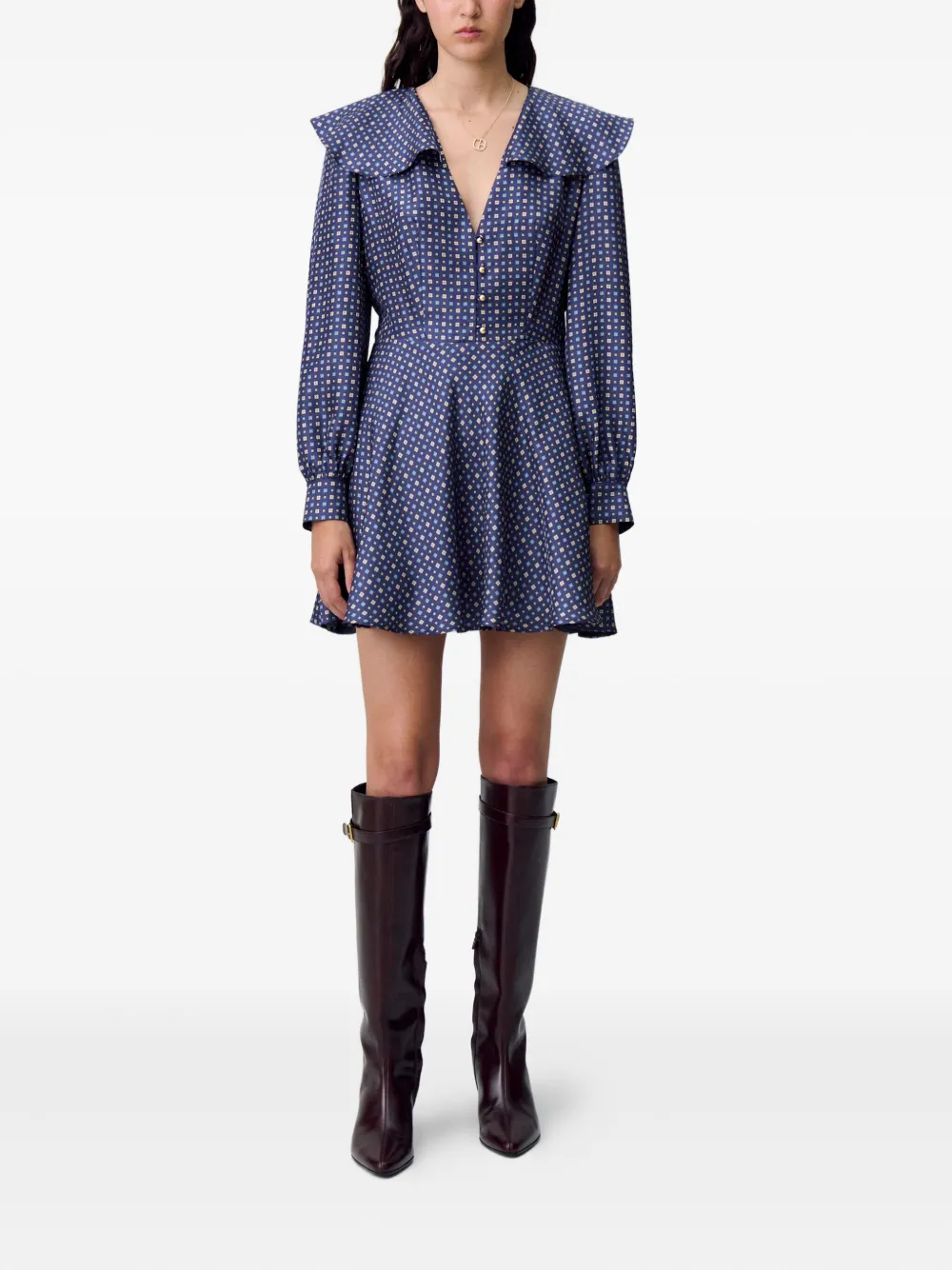 ruffled-collar flared mini dress