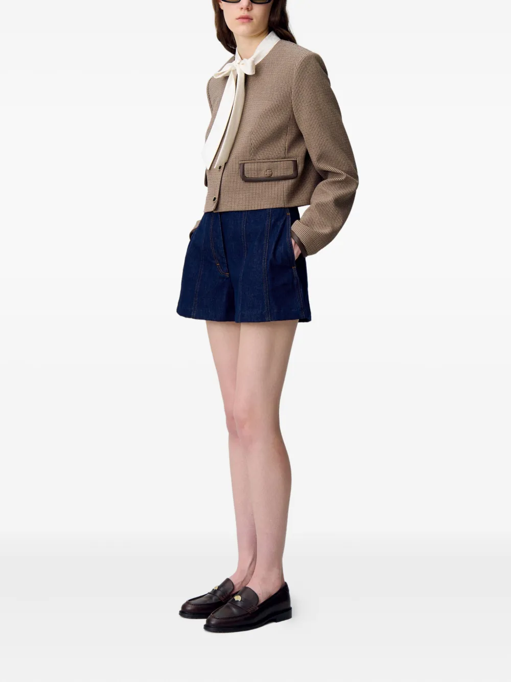 Claudie Pierlot Houndstooth-pattern Cropped Jacket In Brown