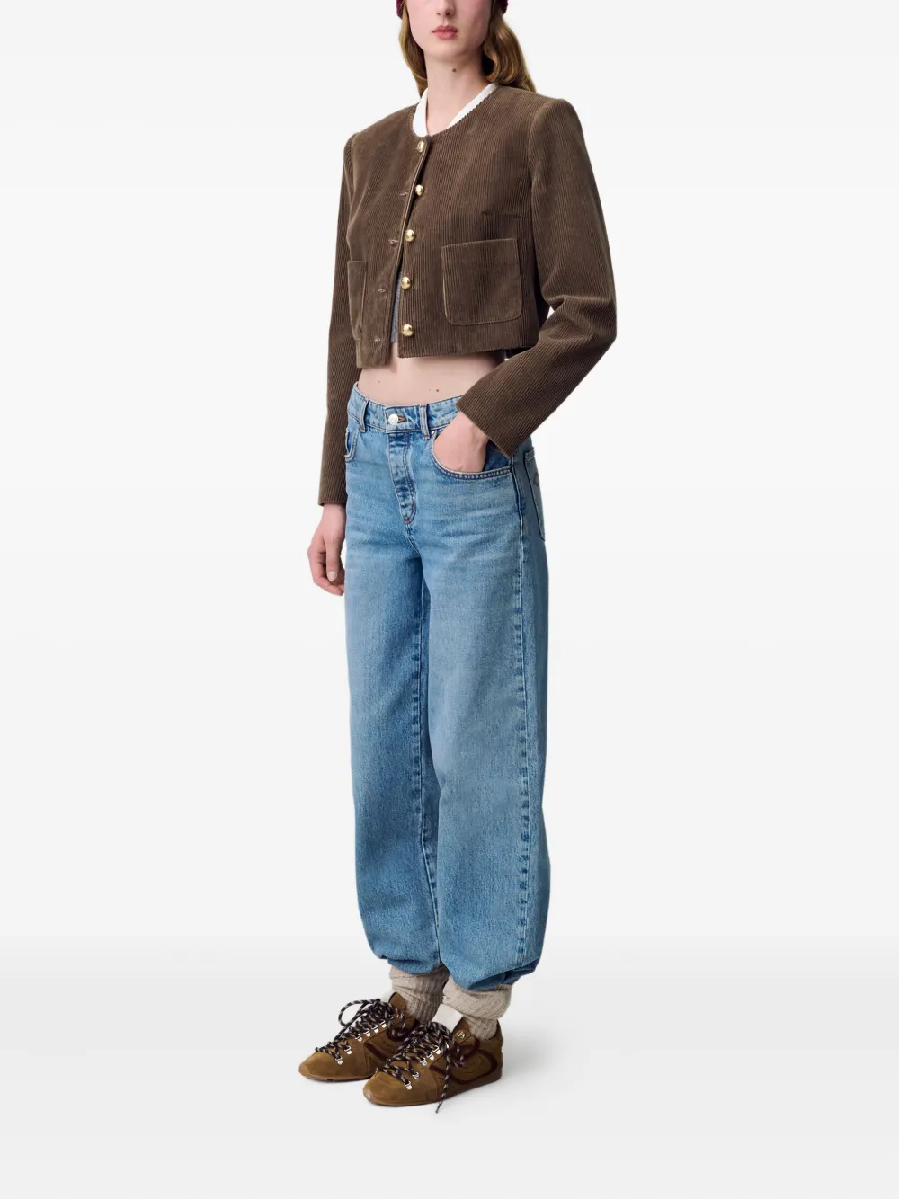 Claudie Pierlot Ribfluwelen button-down cropped jack Bruin