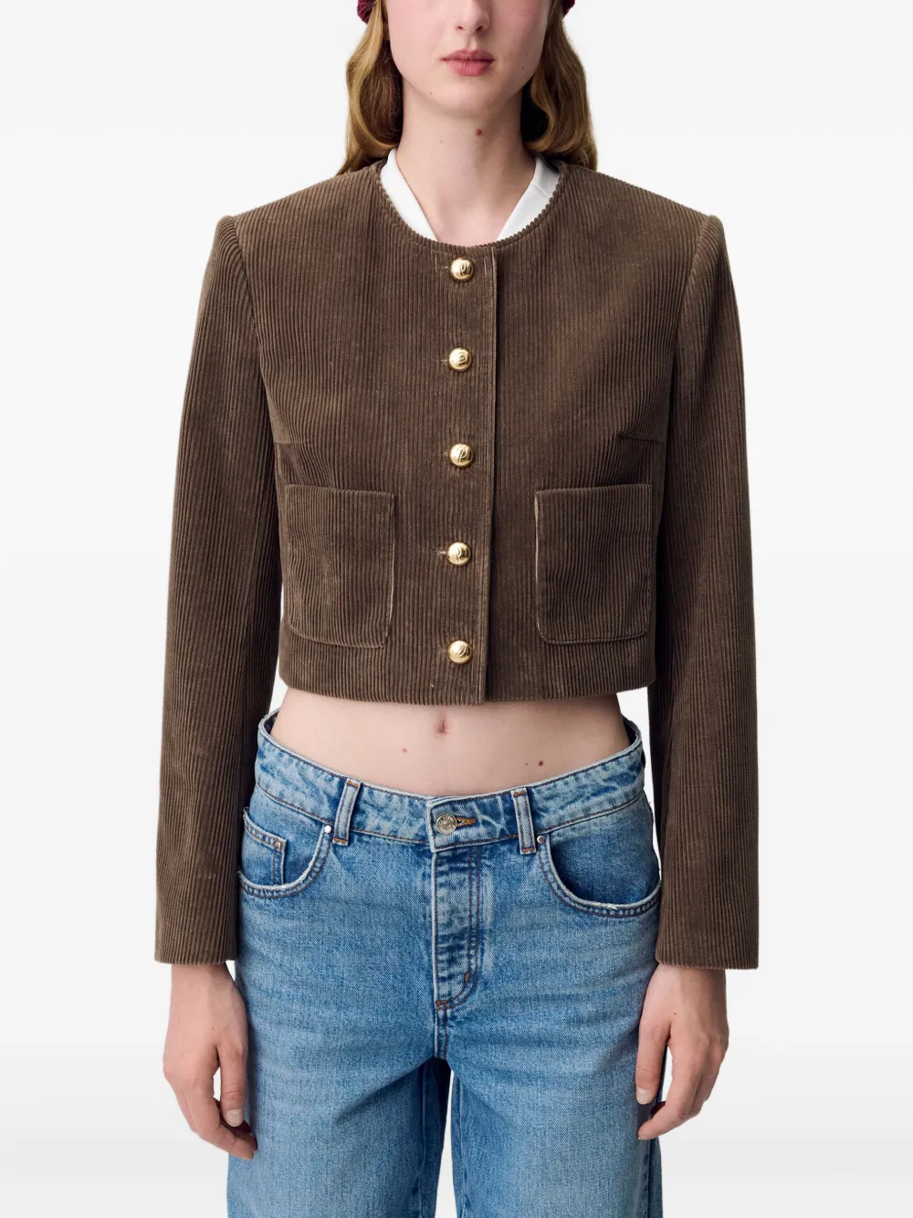 Claudie Pierlot Ribfluwelen button-down cropped jack Bruin
