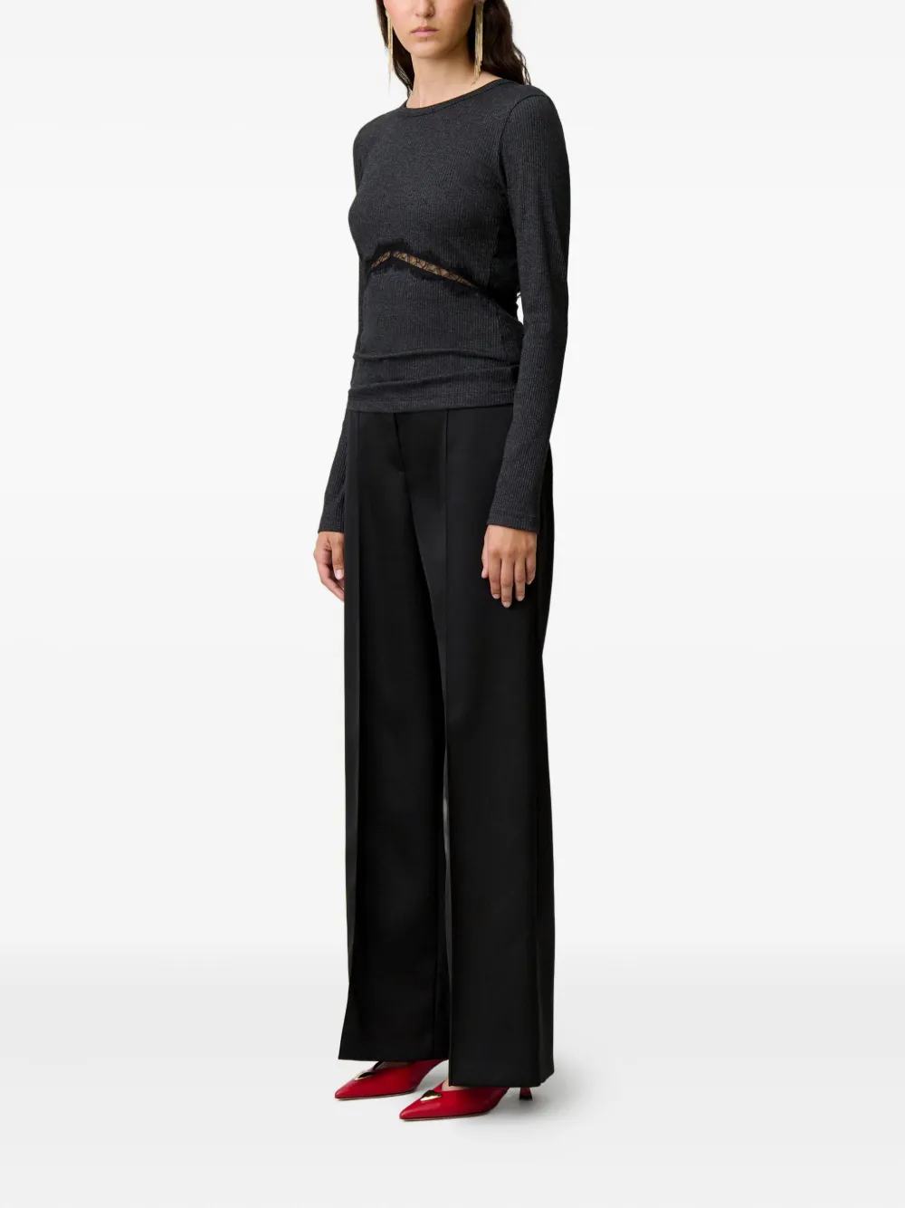 Claudie Pierlot Ribgebreide top met kanten vlak Zwart