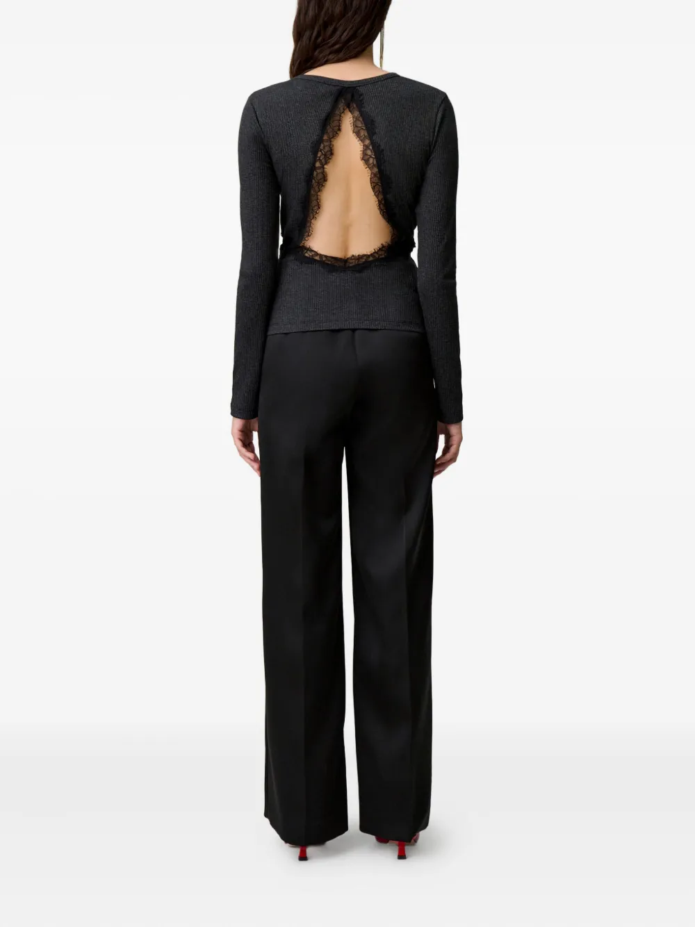 Claudie Pierlot Ribgebreide top met kanten vlak Zwart