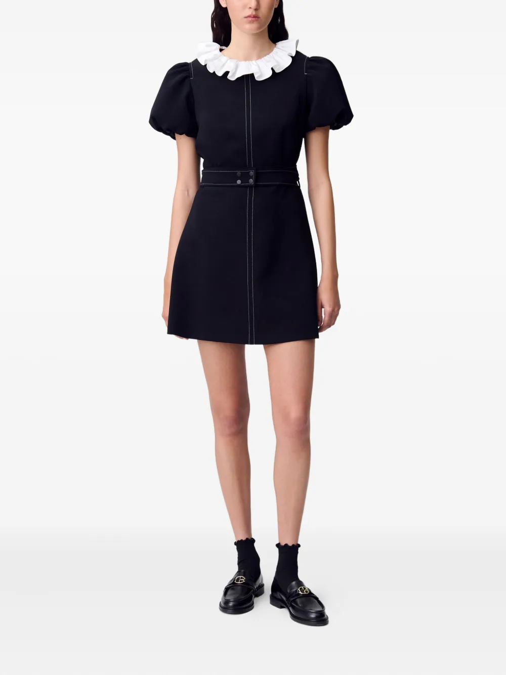 Claudie Pierlot Mini-jurk met pofmouwen en ruchekraag - Zwart