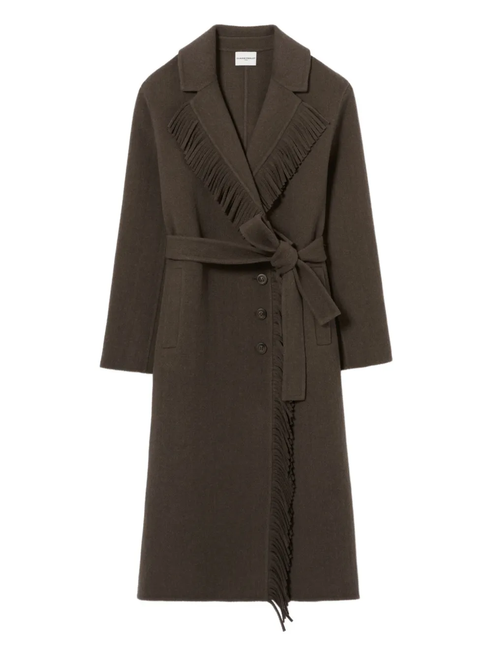 Claudie Pierlot abrigo con cinturón y ribete de flecos | marrón | Image 1