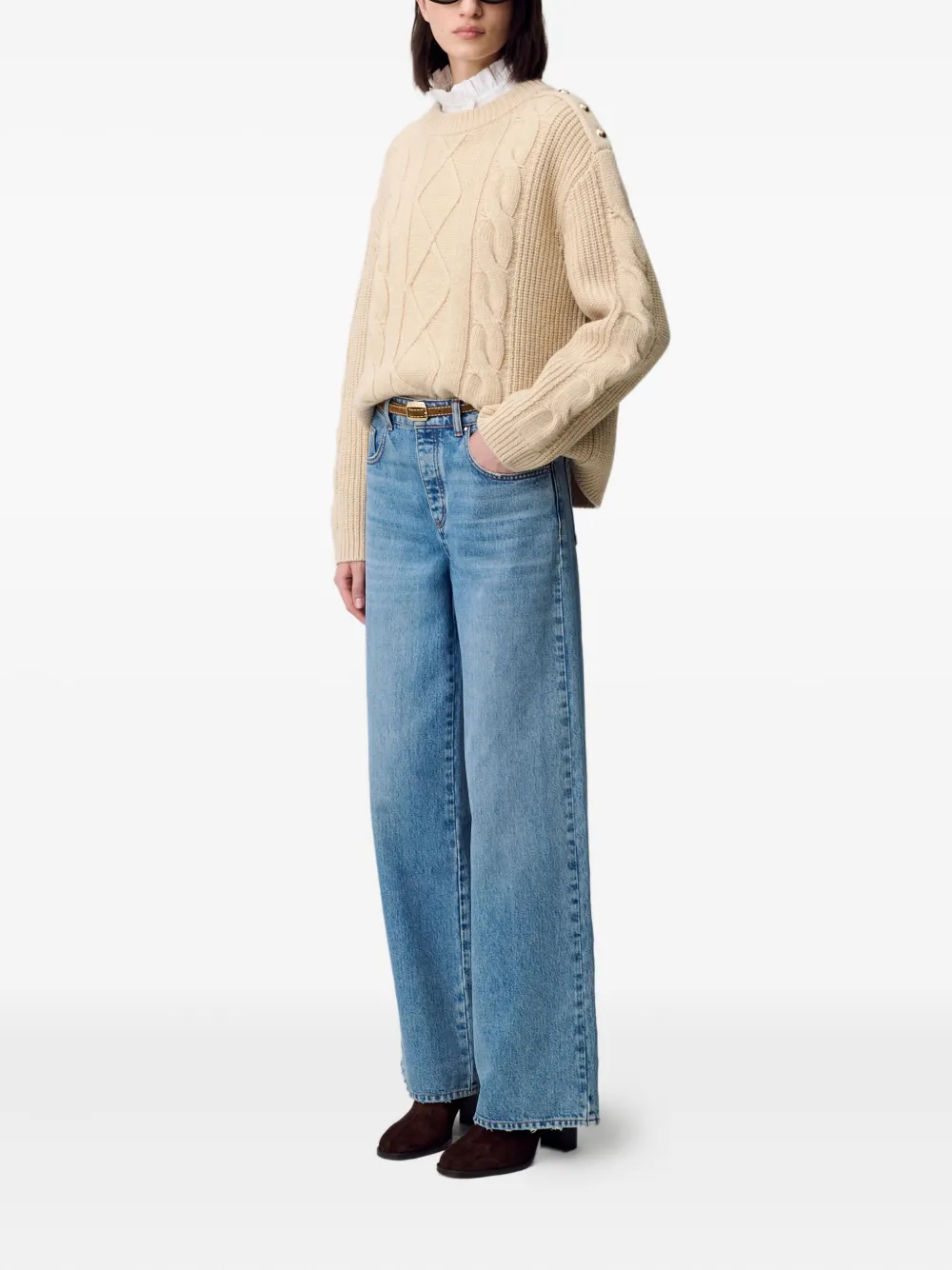 Claudie Pierlot Kabelgebreide trui met knoopdetail Beige