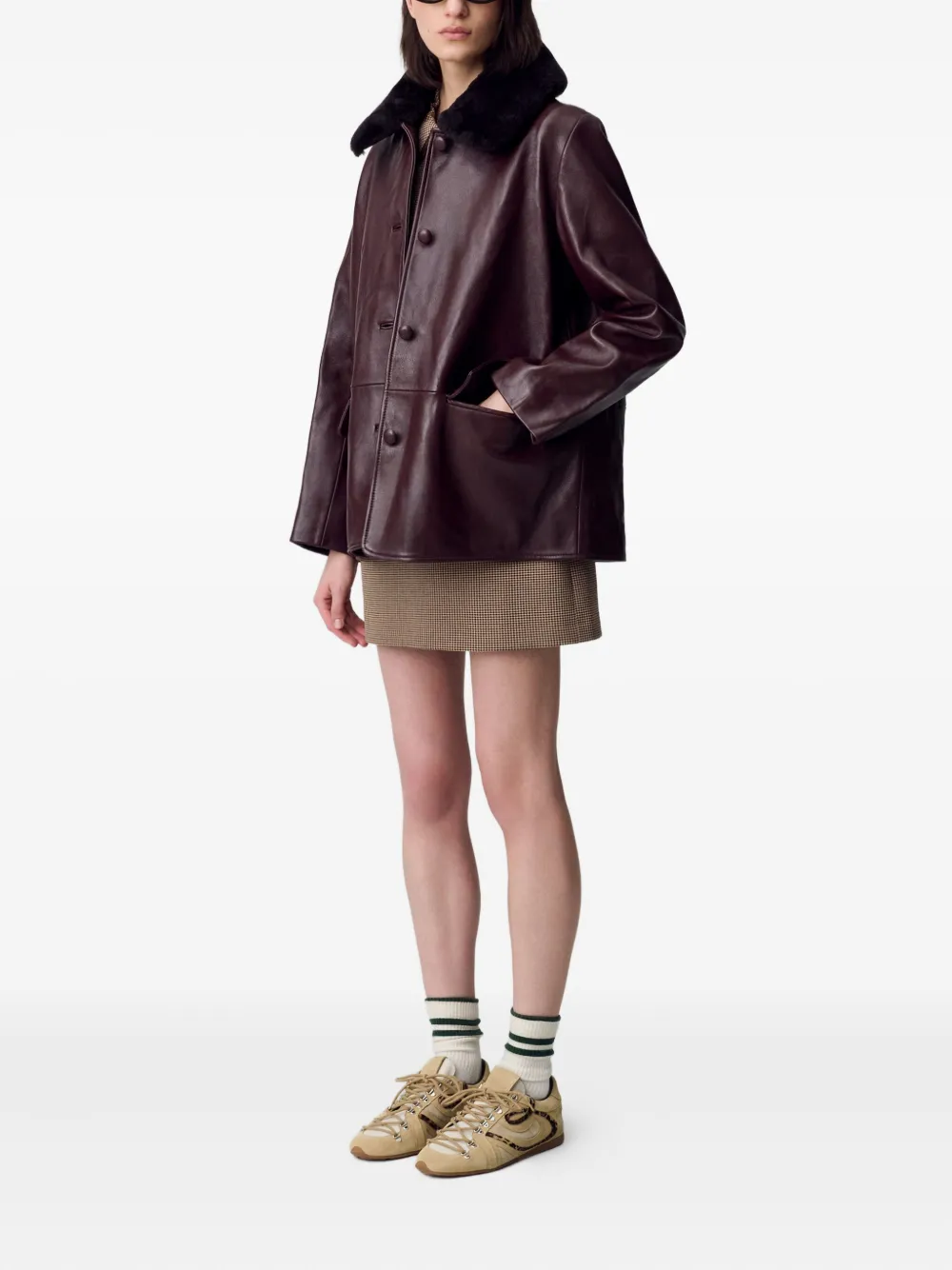 Claudie Pierlot Leren jas met lammy kraag Paars