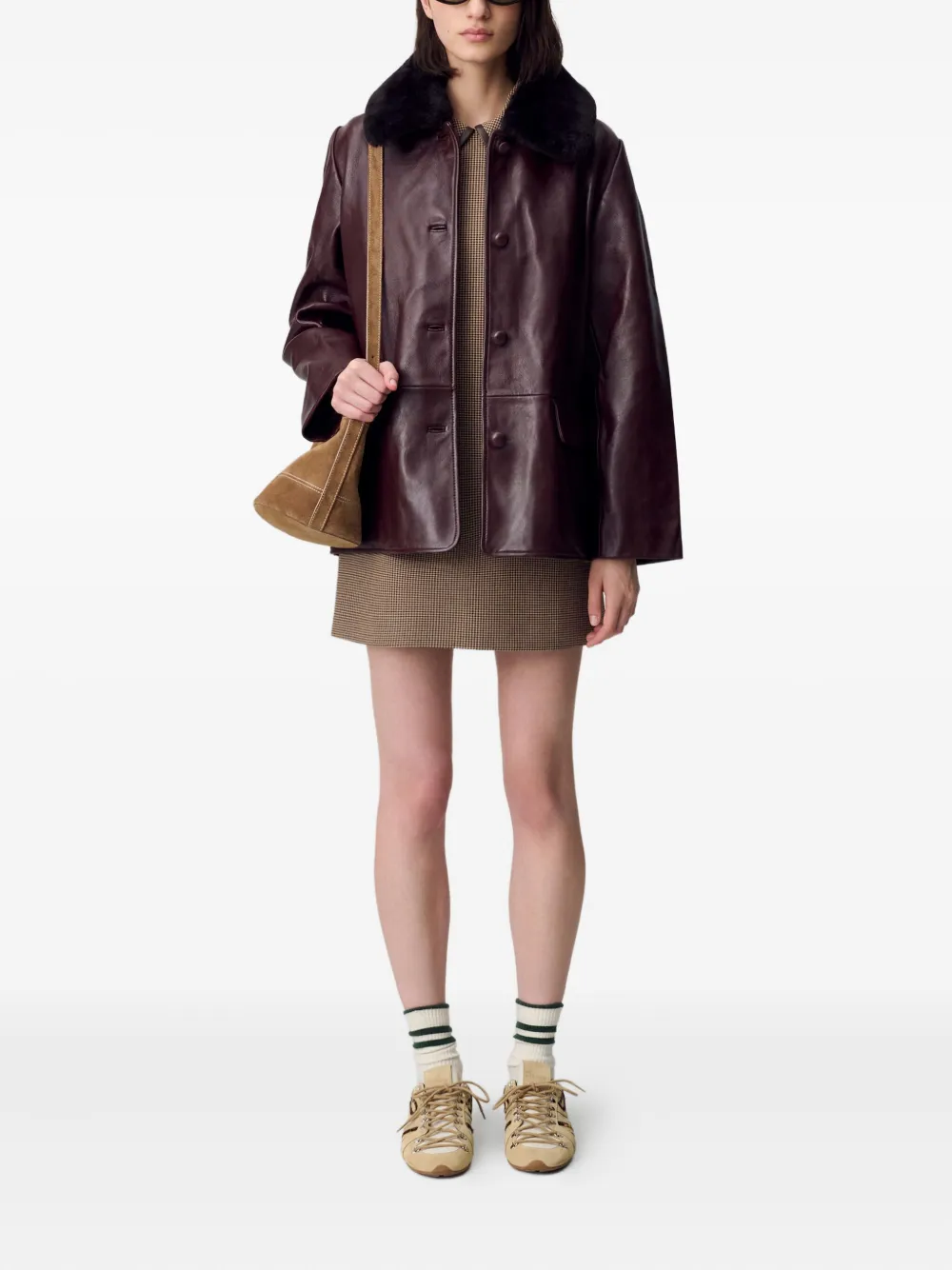 Claudie Pierlot Leren jas met lammy kraag - Paars