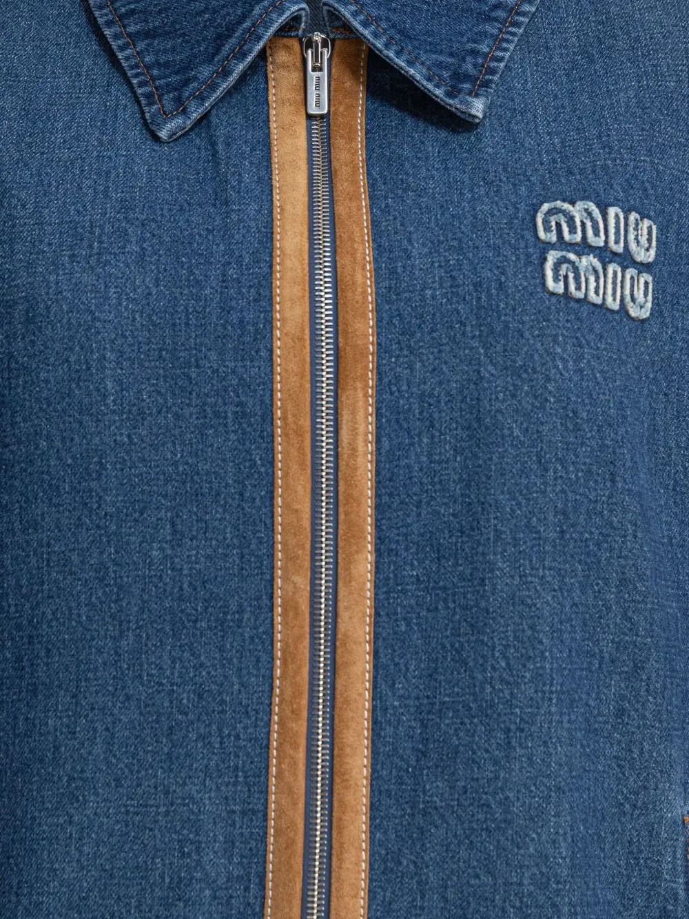 Miu embroidered-logo suede-trimmed denim jacket Blauw