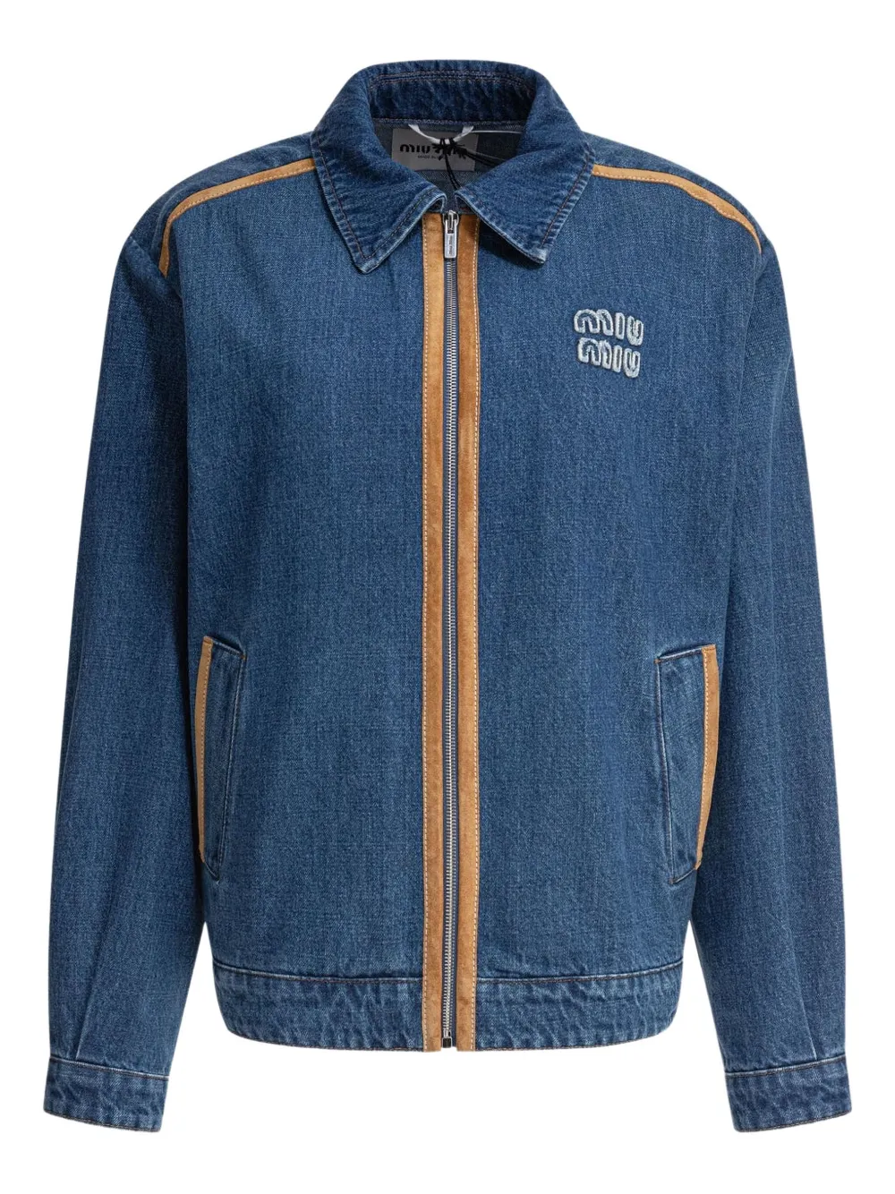 Miu embroidered-logo suede-trimmed denim jacket Blauw