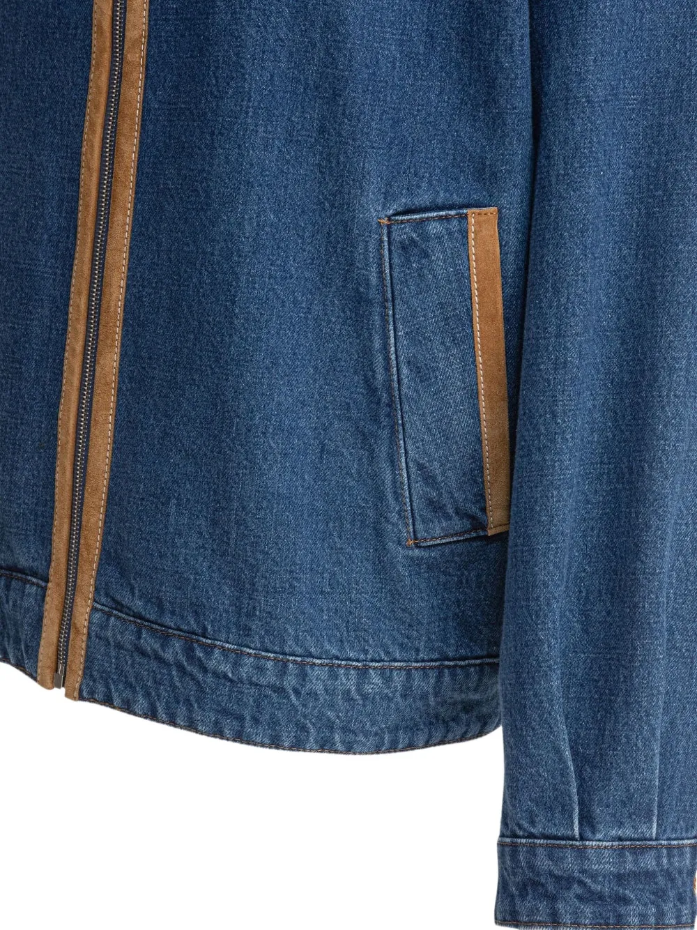 Miu embroidered-logo suede-trimmed denim jacket Blauw