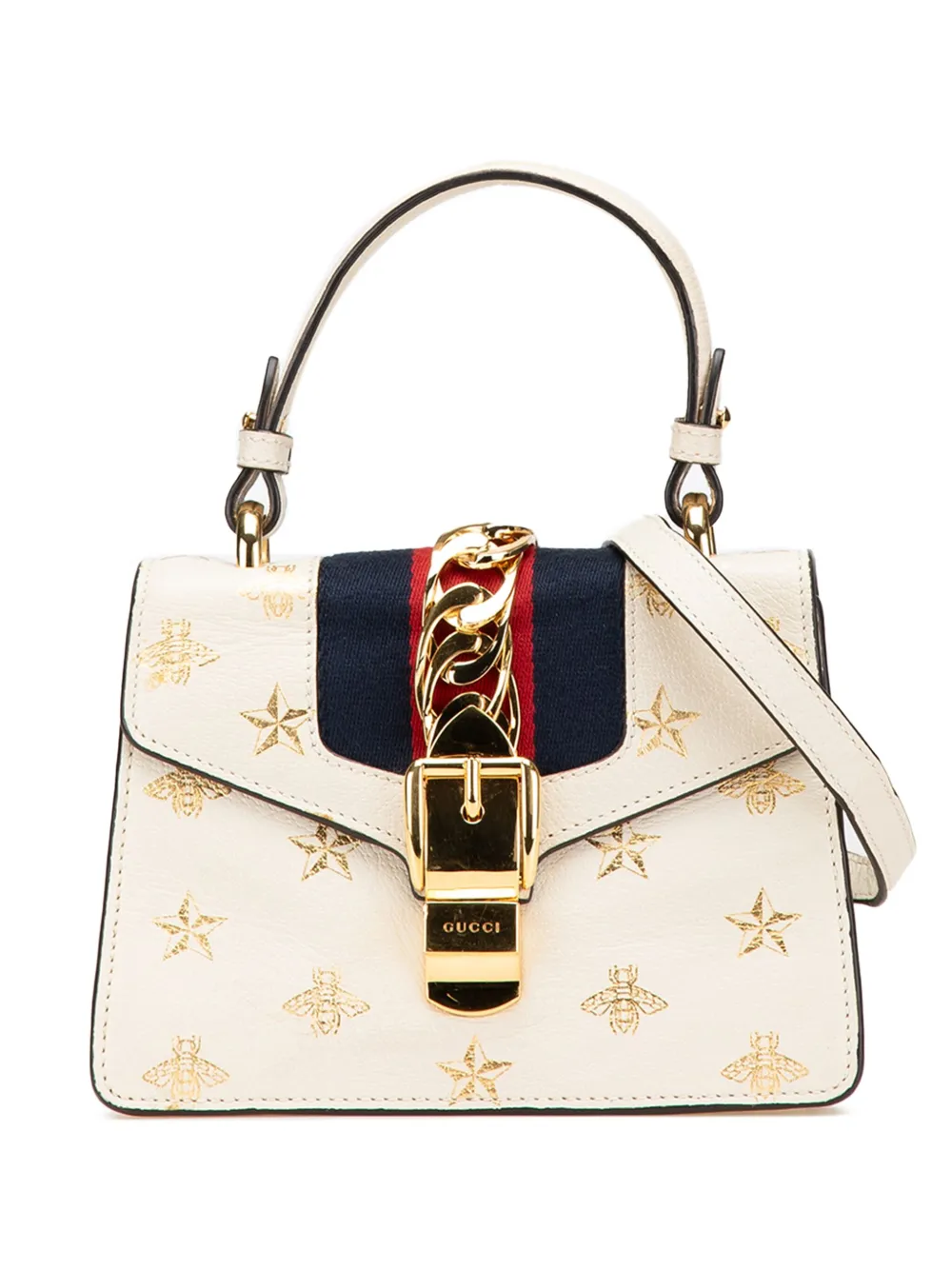Gucci Pre-Owned 2016-2024 ミニ カーフスキン ビー スター シルヴィ サッチェルバッグ - ホワイト Gucci Pre-Owned 2016-2024 ミニ カーフスキン ビー スター シルヴィ サッチェルバッグ - ホワイト