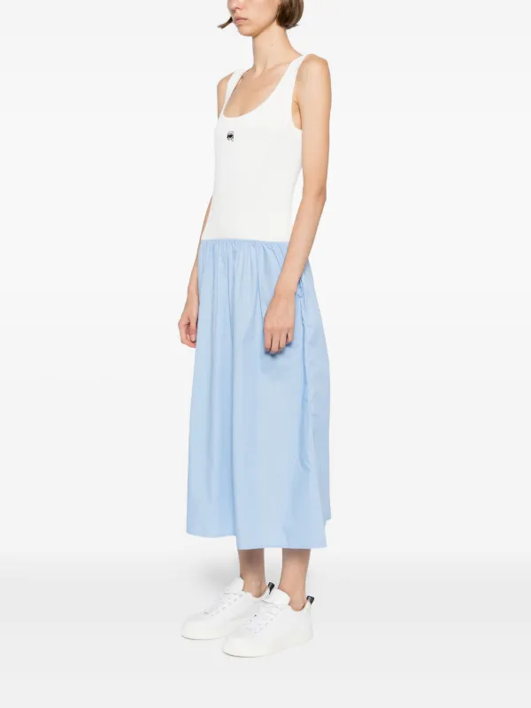 karl lagerfeld blue and white dress Women's Cotton-Poplin Floral Drop Waist Midi Dress | Soft White/Sky Blue