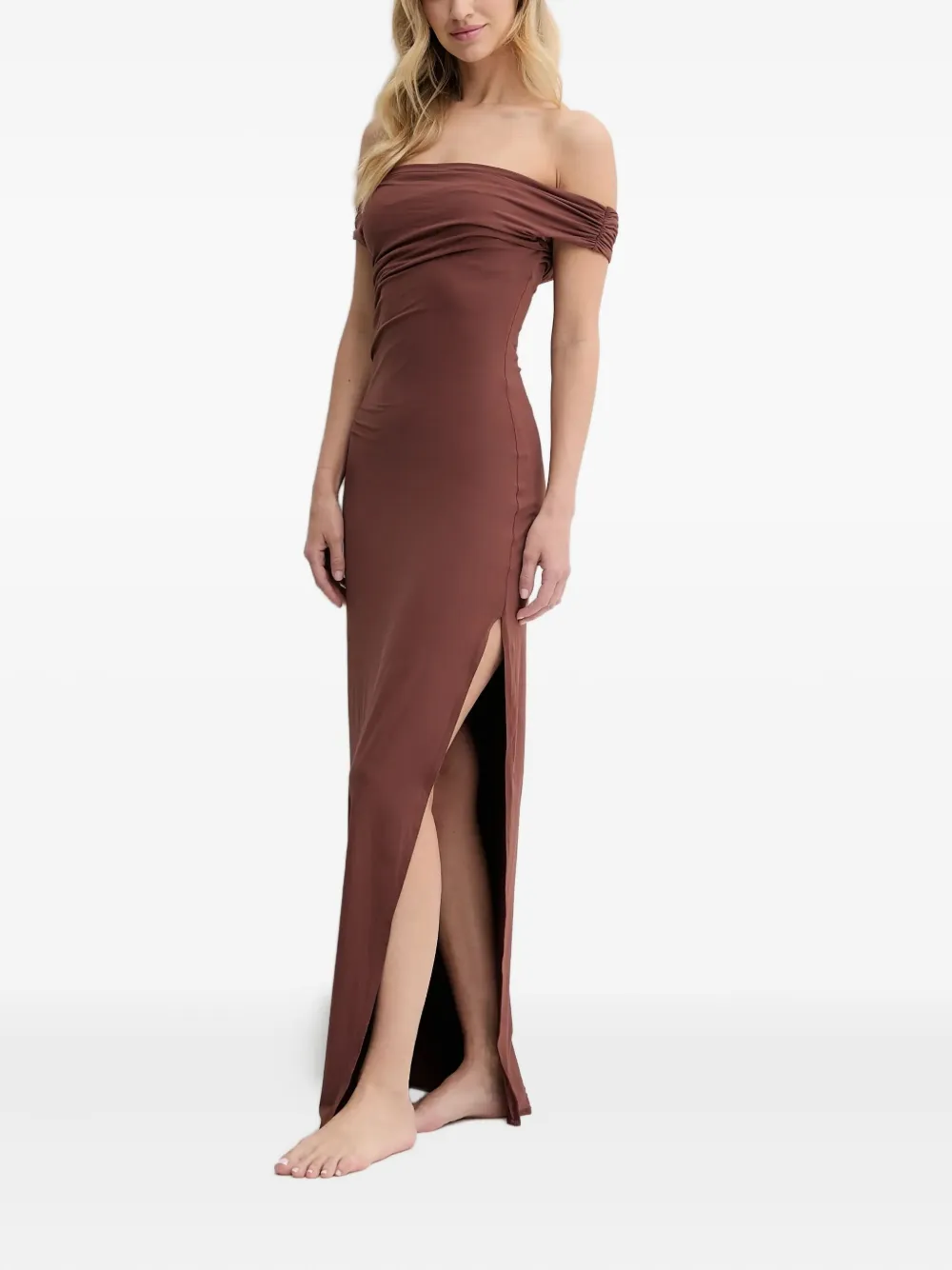 Bondeye Off-shoulder Side-split Maxi Dress In Brown