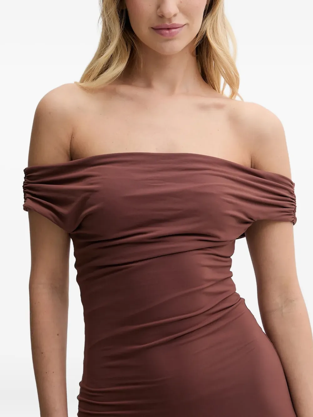 Bondeye Off-shoulder Side-split Maxi Dress In Brown