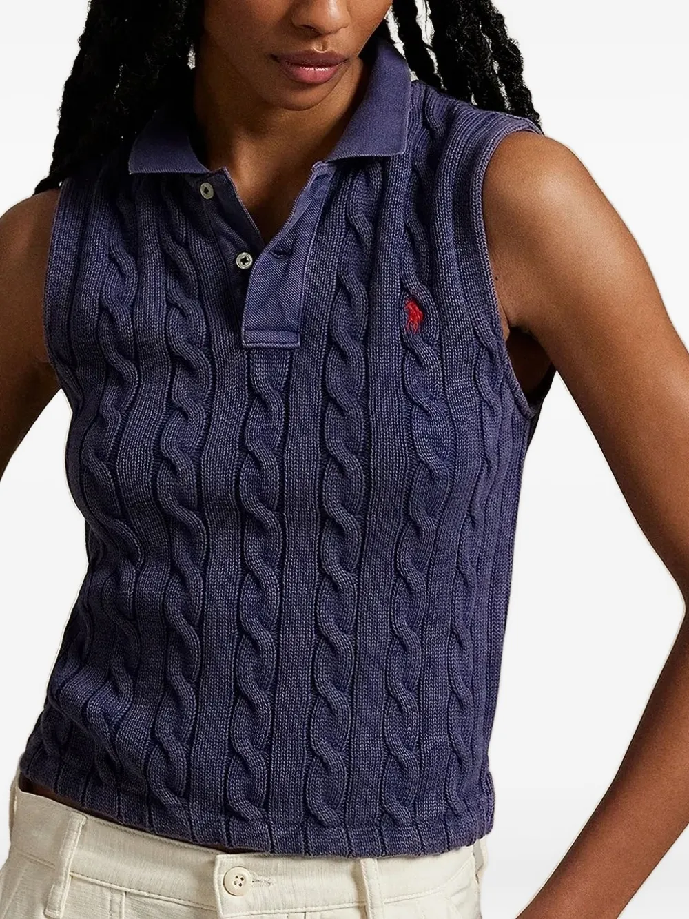Polo Ralph Lauren Cable Sleeveless Cotton Polo Sweater In Blue