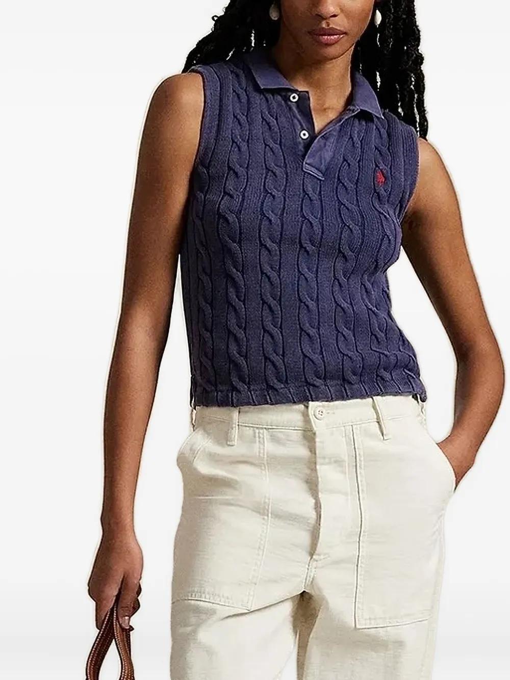 Polo Ralph Lauren Cable Sleeveless Cotton Polo Sweater In Blue