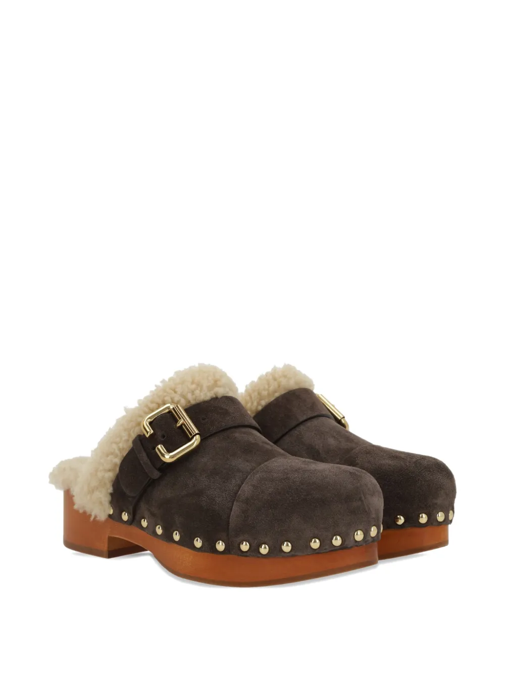 Chloé 35mm Jeannette shearling-trimmed buckle clogs Bruin
