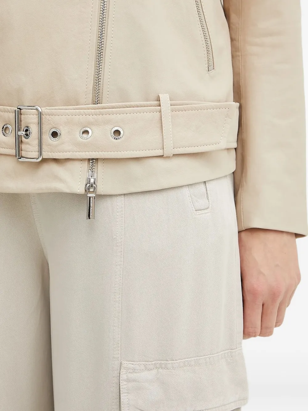 Armani Exchange belted leather biker jacket Beige