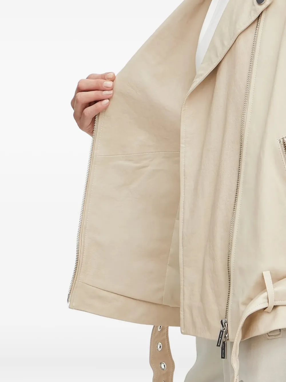 Armani Exchange belted leather biker jacket Beige