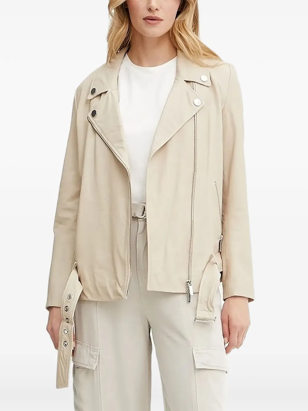 Armani Exchange belted leather biker jacket Beige