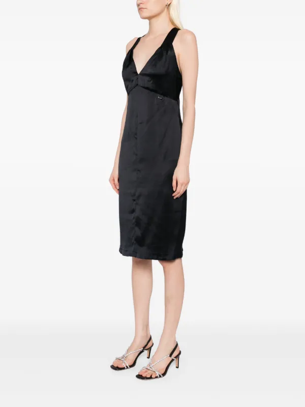 knee length dresses for ladies CHANEL Knit CC Logo Fringe Midi Dress Black