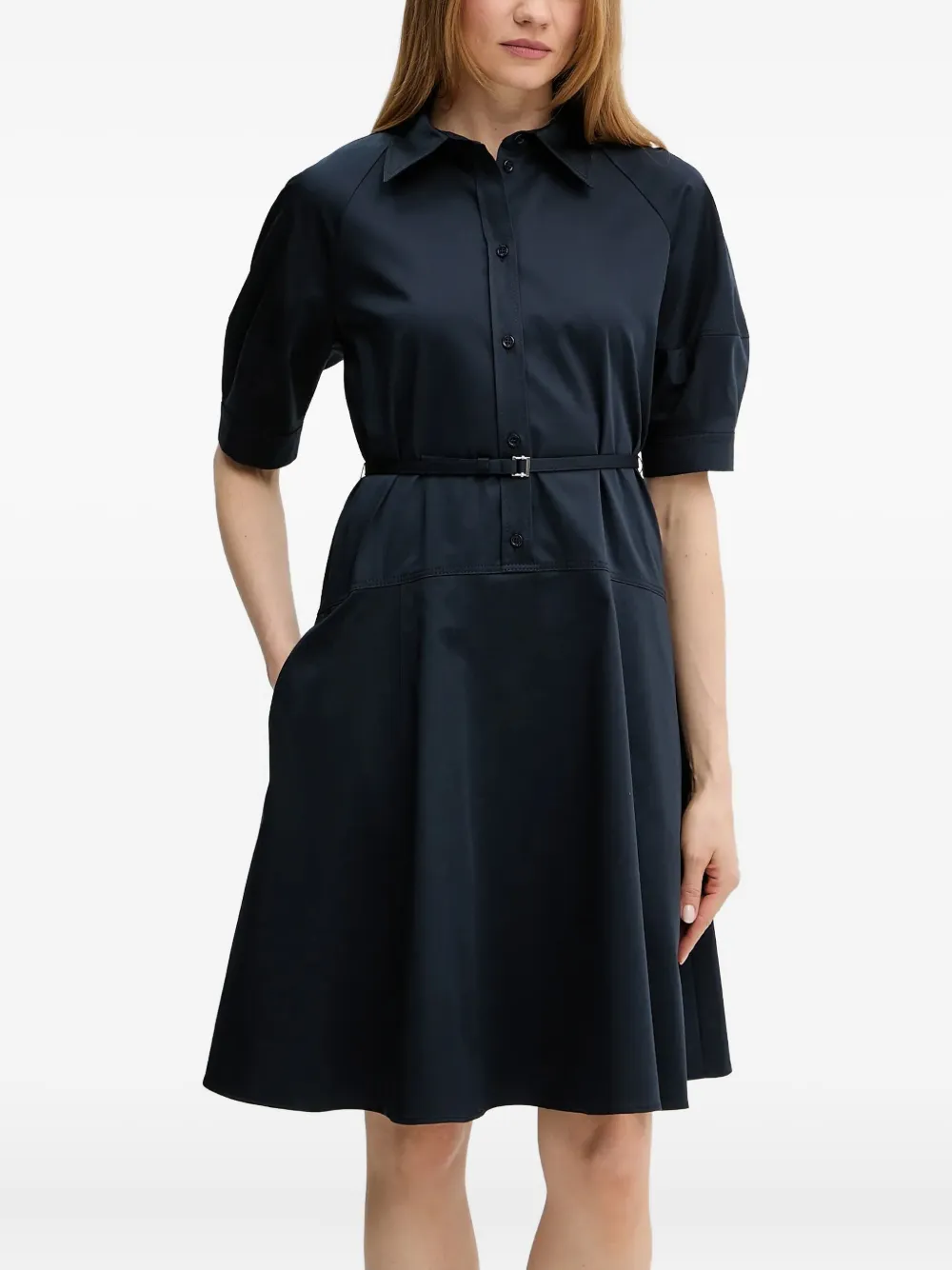 BOSS belted puff-sleeve shirt dress Blauw