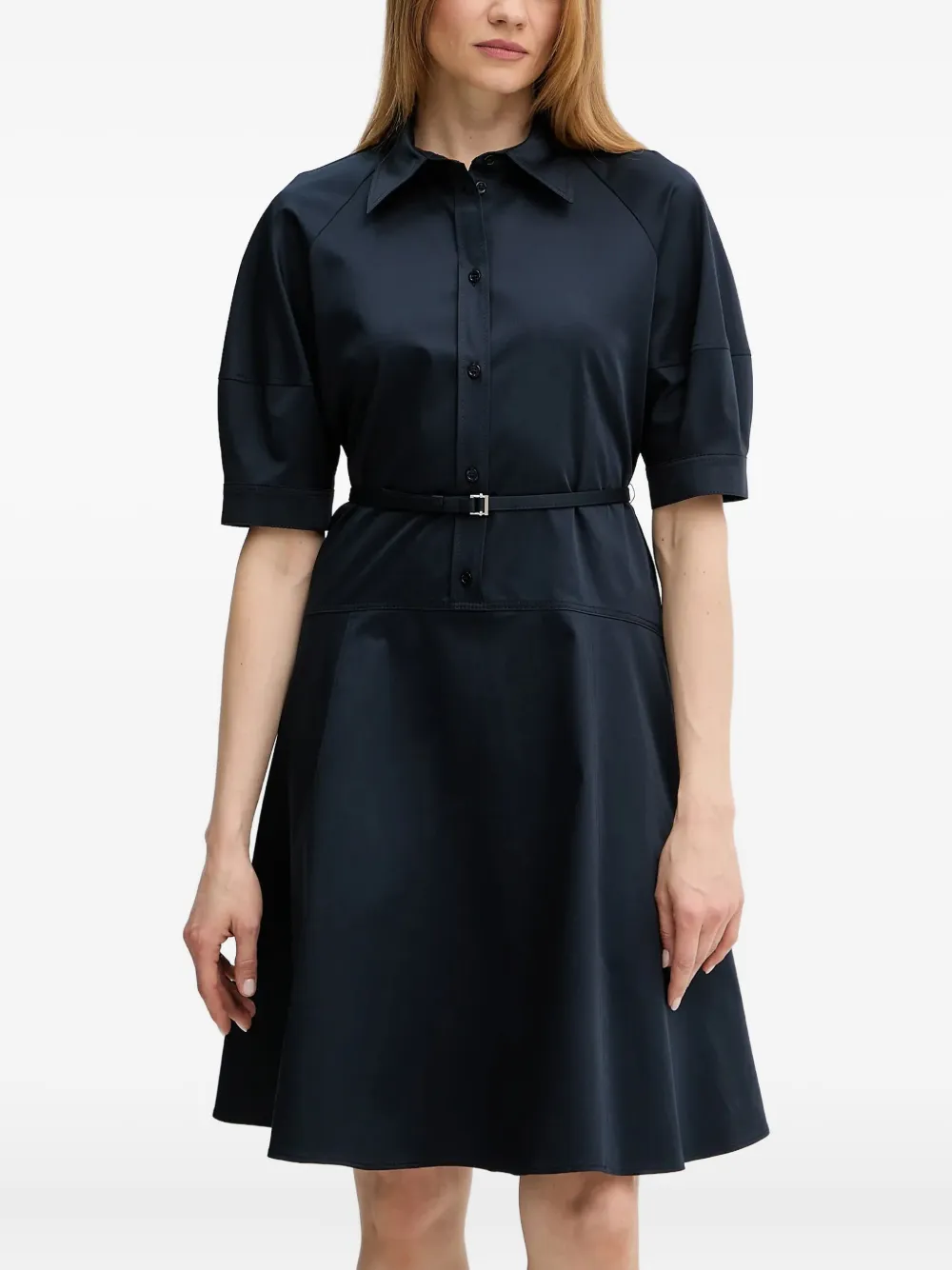 BOSS belted puff-sleeve shirt dress Blauw