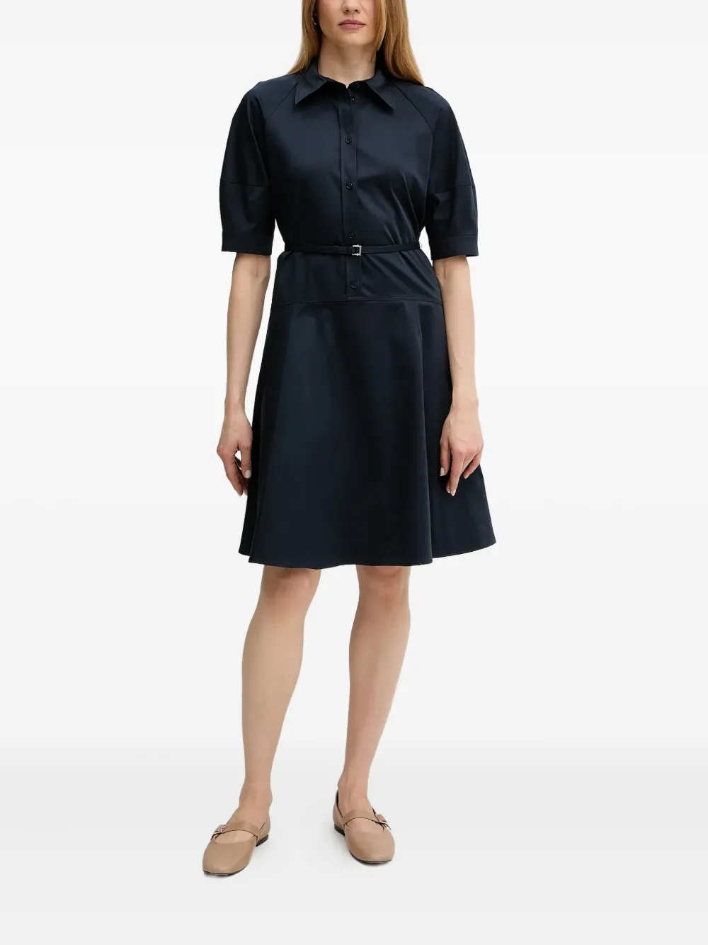 BOSS belted puff-sleeve shirt dress Blauw