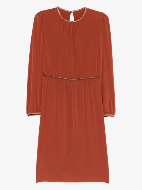 Prada Pre-Owned terracotta leather trim long sleeve dress