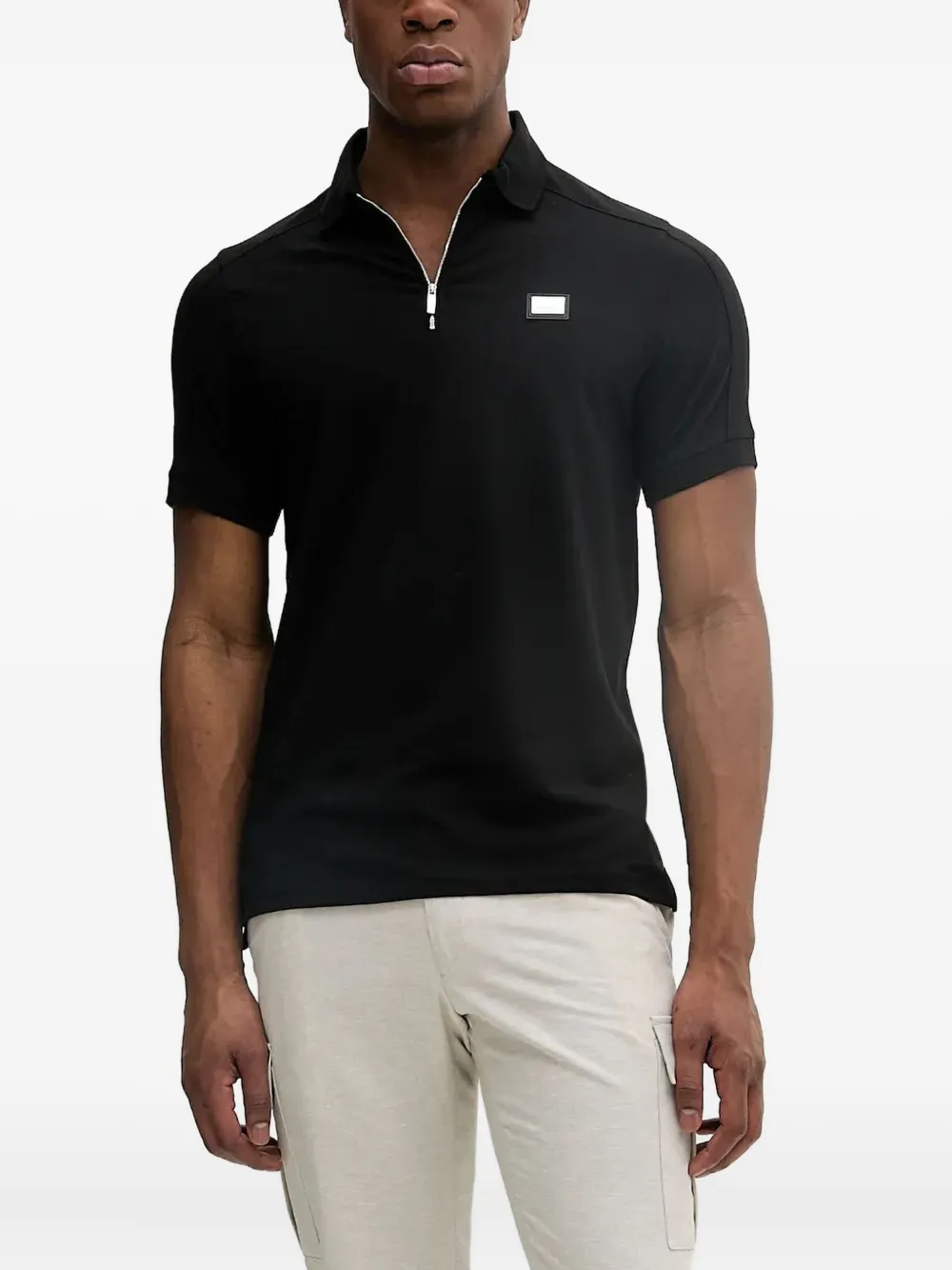 Karl Lagerfeld zip-neck logo-plaque polo shirt | Black | Image 1