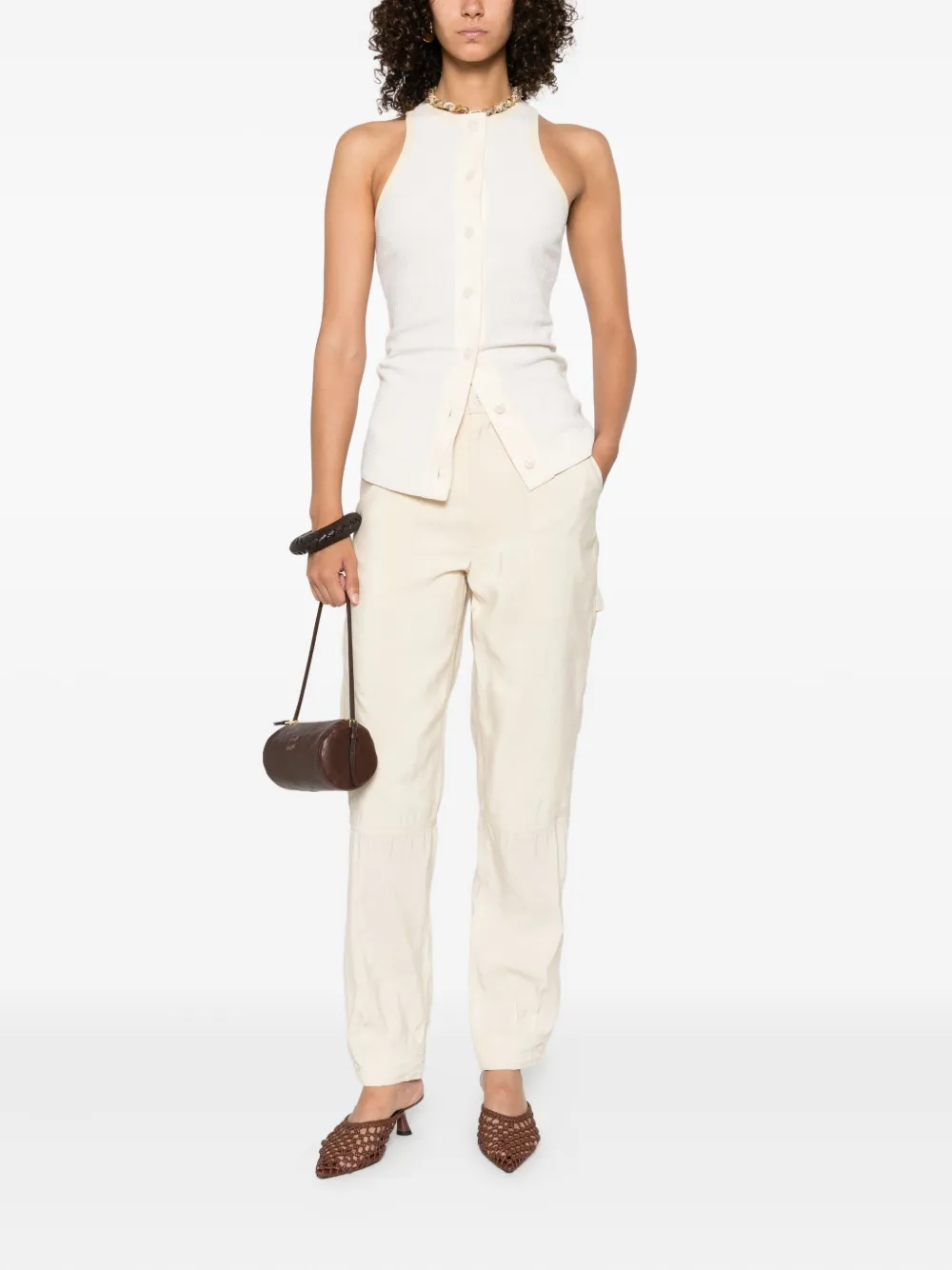 Nanushka ribbed button-placket top Beige