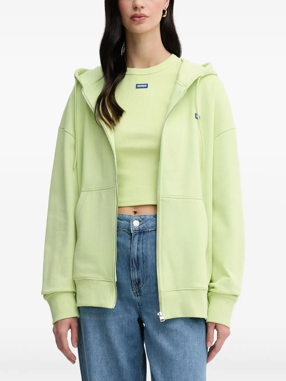 HUGO Katoenen hoodie met rits Groen