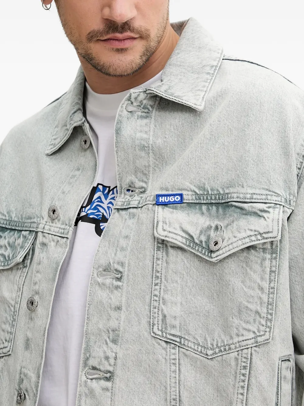 HUGO Denim jack met logopatch Grijs