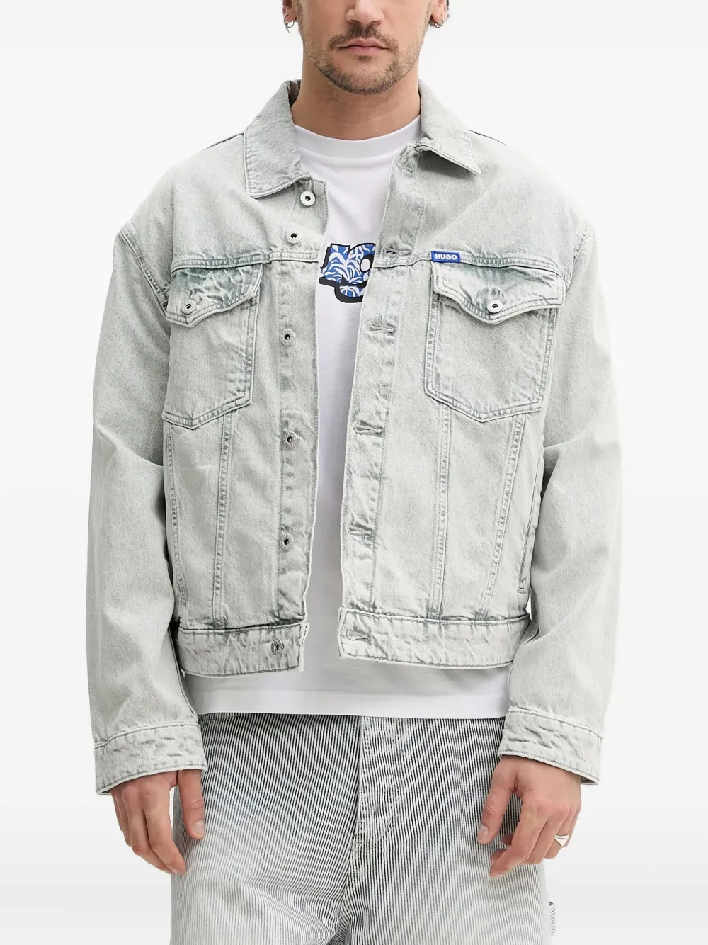 HUGO Denim jack met logopatch Grijs