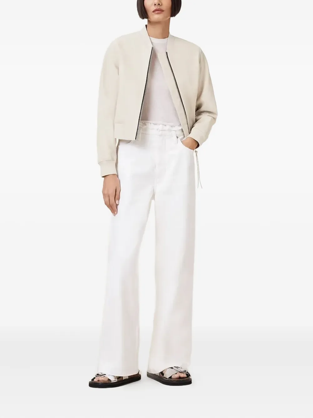 AllSaints Orten leren bomberjack met ritssluiting Beige