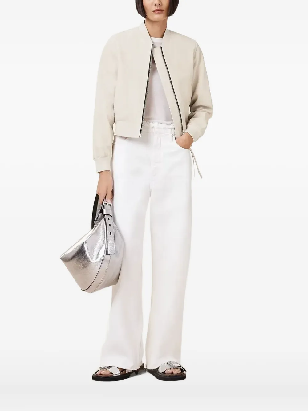 AllSaints Orten leren bomberjack met ritssluiting Beige