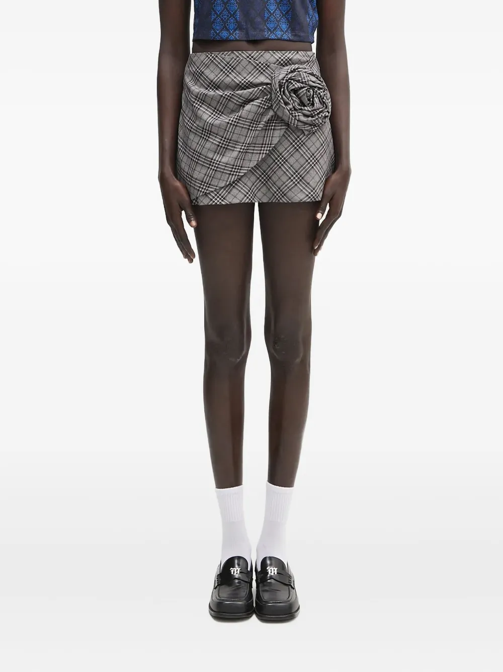 AMBUSH rose-appliqué plaid skirt - Grigio