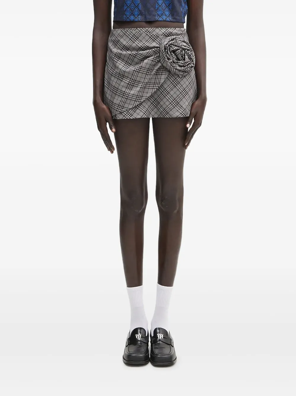 AMBUSH rose-appliqué plaid skirt Grijs
