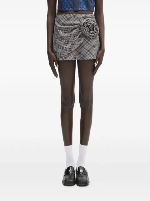 AMBUSH rose-appliqué plaid skirt