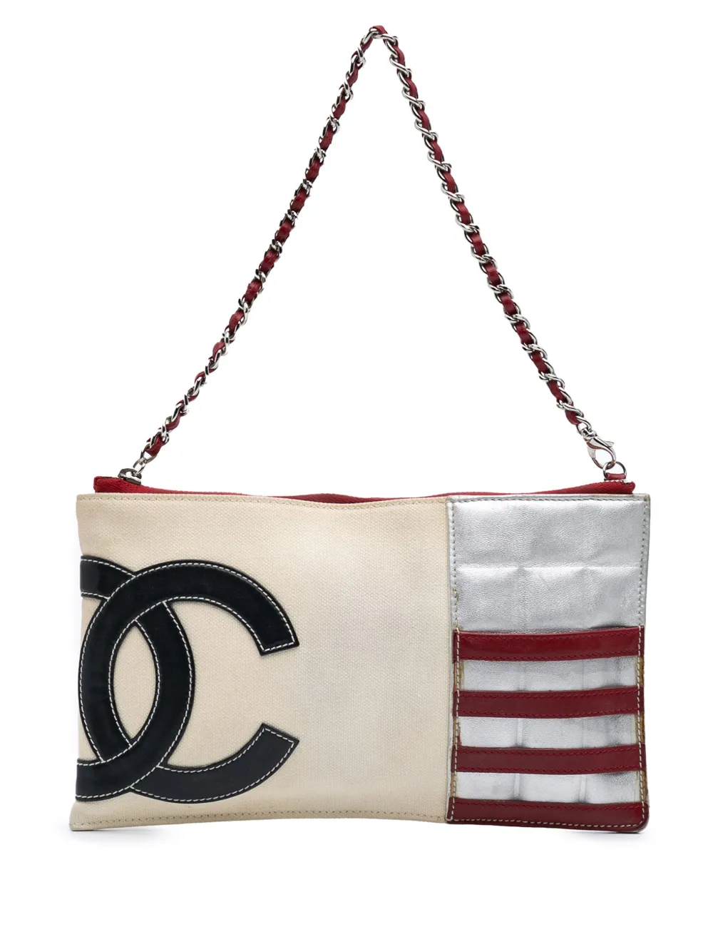 CHANEL Pre-Owned 2002-2003 CC Canvas and Metallic Lambskin Flag Pochette handbag | White | Image 1