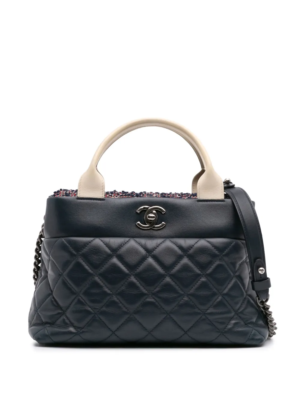CHANEL Pre-Owned 2016-2017 Small Quilted Calfskin and Tweed Top Handle Tote satchel | Blue | Image 1
