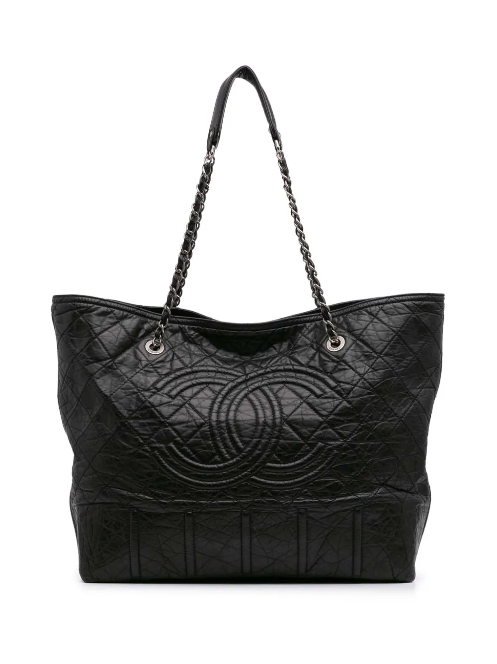 CHANEL Pre-Owned 2008-2009 ディストレス カーフスキン ショッピング イン モスコウ トートバッグ - ブラック CHANEL Pre-Owned 2008-2009 ディストレス カーフスキン ショッピング イン モスコウ トートバッグ - ブラック